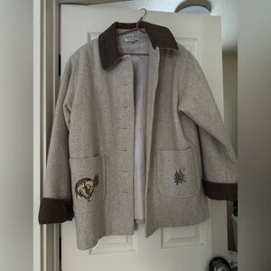 Vintage Gray Wool Jacket with Bear and Tree Embroidery